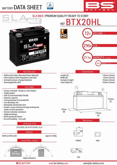 OUTLANDER 450 6X6 (2019 - 2019) btx20hl sla max battery | BS BATTERY