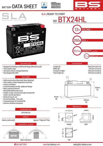 SPYDER RS (2010 - 2016) btx24hl battery | BS BATTERY