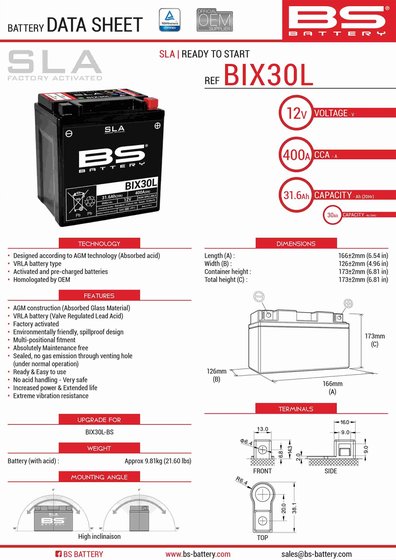 SSV 1000 COMMANDER (2011 - 2017) bs bix30l sla battery | BS BATTERY