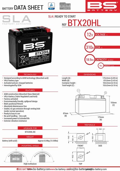 570 OUTLANDER (2016 - 2017) btx20hl sla battery | BS BATTERY