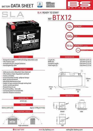 DS 250 (2006 - 2019) btx12 sla akumuliatorius | BS BATTERY