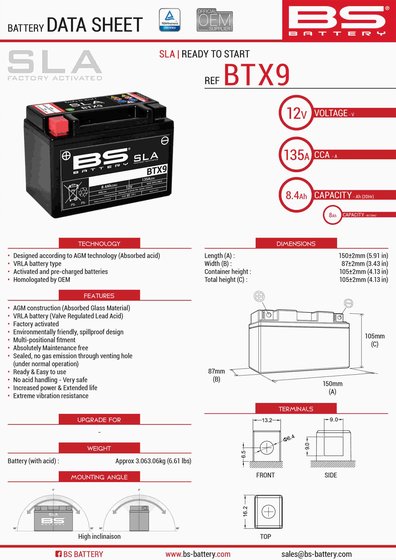 850 OUTLANDER (2016 - 2018) btx9 sla 12v 135 a battery | BS BATTERY