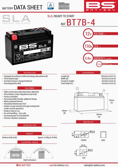 DS 450 (2008 - 2013) bt7b-4 sla 12v 105 a battery | BS BATTERY